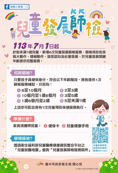 兒童發展篩檢2K海報v2
113年7月1日起，針對未滿七歲兒童，新增6次兒童發展篩檢服務，篩檢及服務項目詳如圖示。